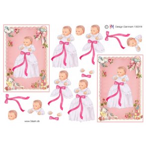 3D klippeark - Baby i d�bskjole, pige, lyser�d/pink