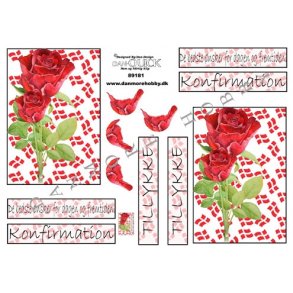 3D klippeark - Konfirmation. R�de roser, flag
