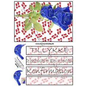 3D klippeark - Konfirmation. Bl� roser, sm� flag, telegram