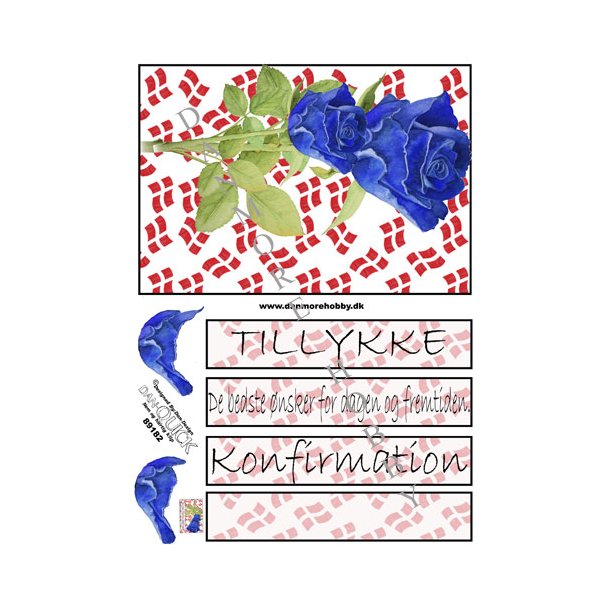 3D klippeark - Konfirmation. Bl roser, sm flag, telegram