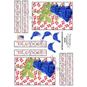 3D klippeark - Konfirmation. Bl� roser, flag