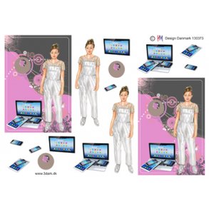 3D klippeark - Konfirmation. M�rkh�ret pige, hvid buksedragt, lilla baggrund