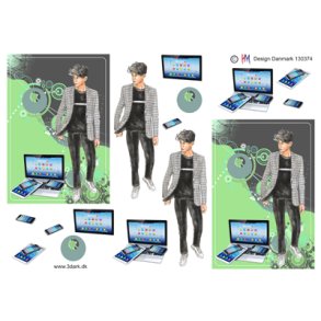 3D ark - Konfirmation. Sorth�ret dreng, ternet jakke, gr�n baggrund