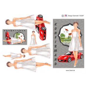 3D klippeark - Konfirmation. M�rkh�ret pige v/r�d sportsvogn og kirke. Telegram