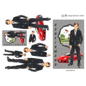 3D klippeark - Konfirmation. M�rkh�ret dreng v/r�d sportsvogn og kirke. Telegram