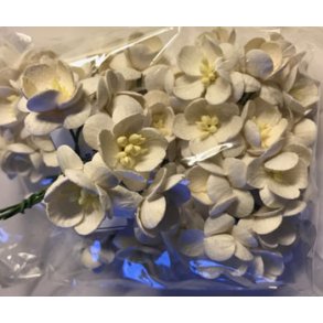 Mulberry h�ndlavet papir blomster, 5 stk r�hvid, ca. 25mm