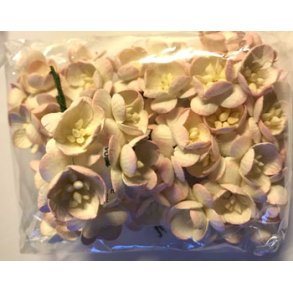 Mulberry h�ndlavet papir blomster, 5 stk r�hvid/rosa, ca. 25mm