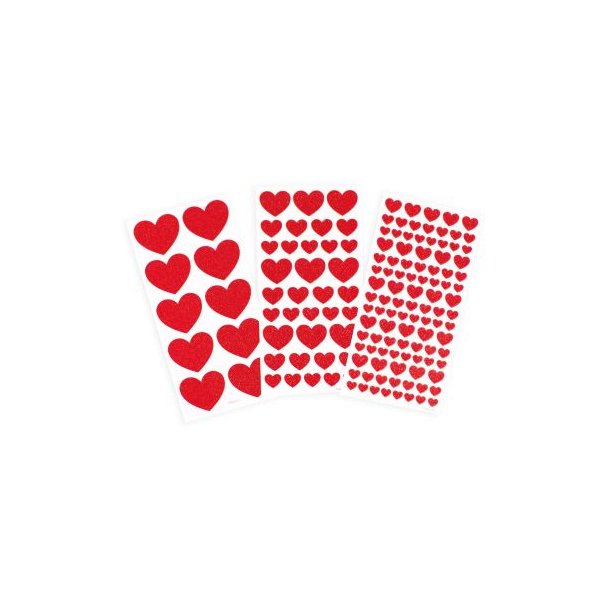 Stickers - R�de glimmerhjerter i flere st�rrelser, 146 stk. p� 3 ark