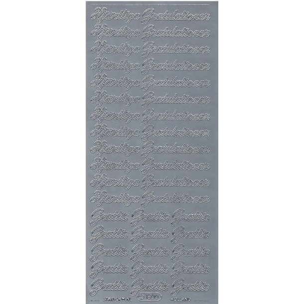 Stickers - Svensk tekst - "Hj�rtliga Gratulationer" &amp; "Grattis" i s�lvfarve