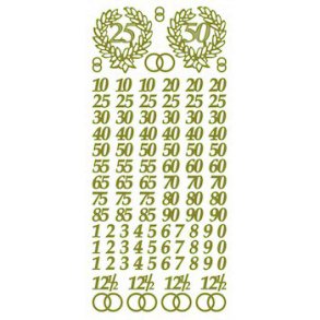 Stickers - Runde tal til bryllupsdage, jubil�um, f�dselsdag; fra 0-9 & 10-90 & 12�, 25 mm., guldfarvet