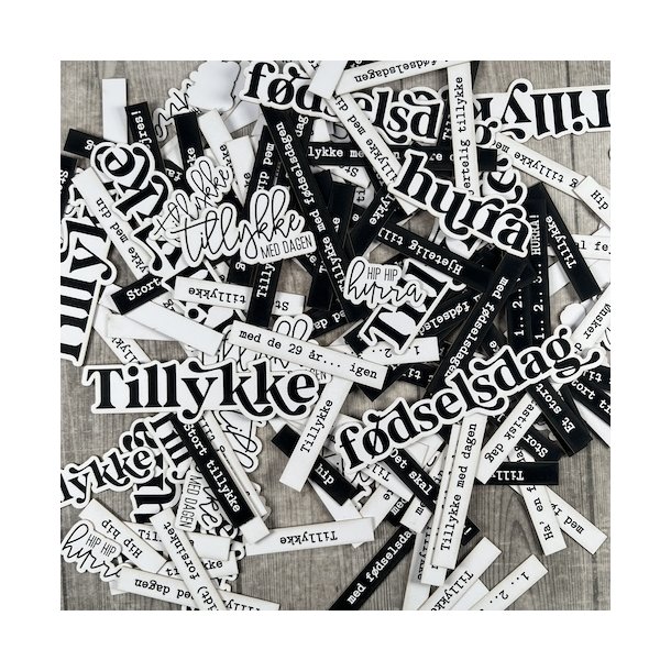 Die cuts - udstansede TILLYKKE &amp; FDSELSDAGS tekster (Dan cuts 1984)