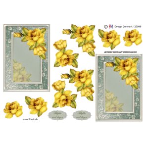 3D klippeark - Blomster, smukke gule roser p� flot spejl-baggrund