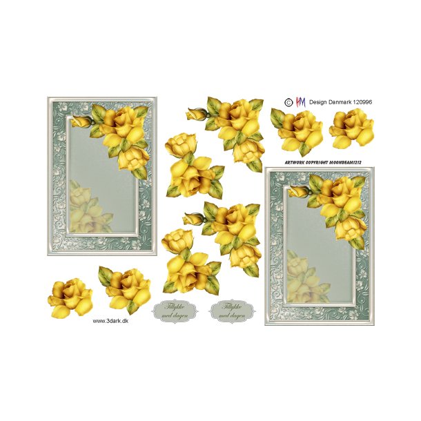 3D klippeark - Blomster, smukke gule roser p� flot spejl-baggrund