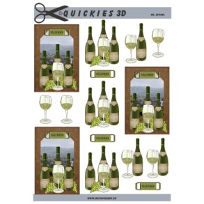 3D klippeark - Vin, hvidvinsflasker & glas m/udsigt over vinmarkerne, sm motiver