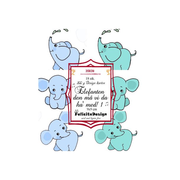 Felicita Toppers, 9x9cm, 18 ark, 6 forskellige elefanter, lysebl/turkis