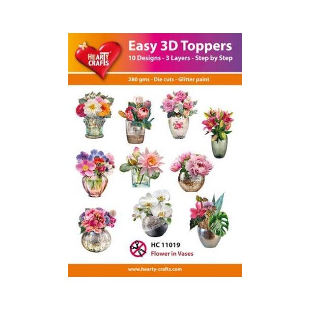 3D toppers - udstanset, blomster i vaser, 10 ass. motiver, HC11019