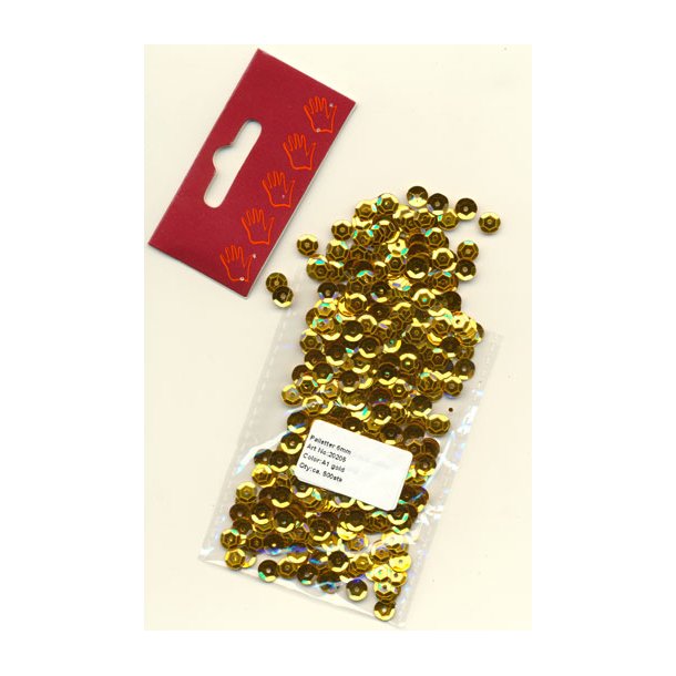 Pailletter 6mm, buet m/hul, ca. 500 stk., guld-farvede