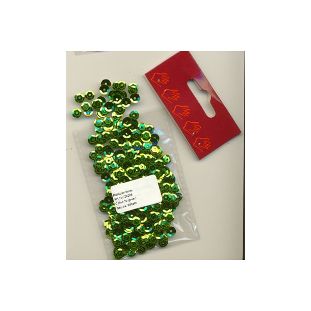Pailletter 6mm, buet m/hul, ca. 500 stk., lime grnne