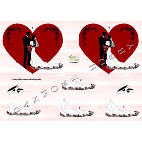 3D ark - Bryllup, brudepar i hjerte til 2 kort