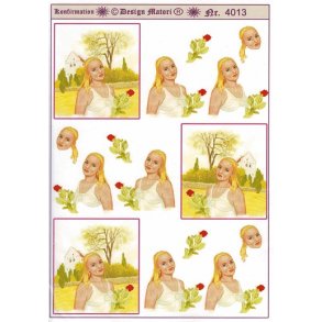 3D ark - Konfirmation. Blond pige, rose, foran kirke