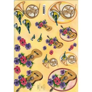 3D ark - Musik, instrumenter, jagthorn, guitar, blomster