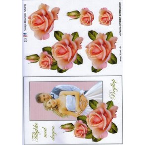 3D klippeark - Bryllup, brudepar m/rosa roser, telegram