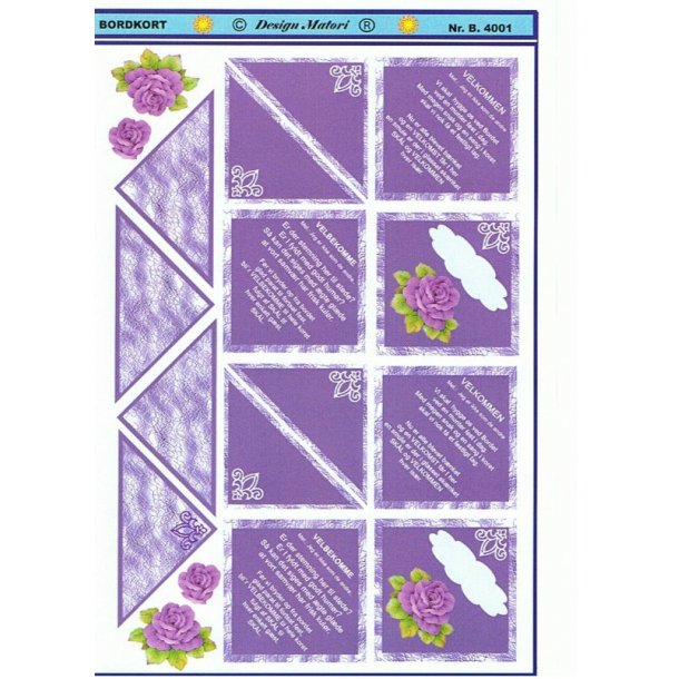 Bordkort inkl. Velkommen/velbekomme, lilla, rose