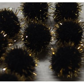 Pompon 10mm, sort med guld, 60 stk