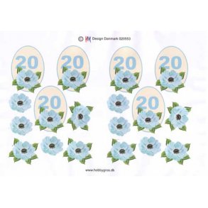 3D ark - Fdselsdage, 20 r, bl, blomster, tal