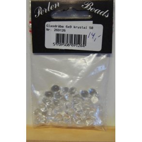 Glasdrber, 6x9mm hul 1, krystal/gennemsigtig, 50