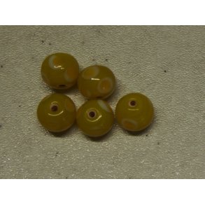 Glasperle, kugle m/plet gul/hvid, hndlavet 10mm