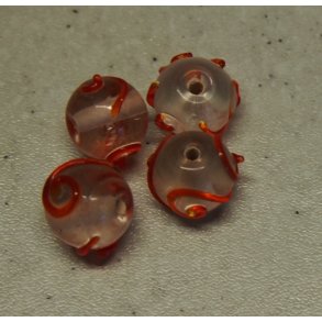 Glasperle, kugle m/rdt mnster, hndlavet 14mm h