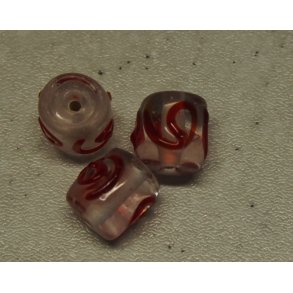 Glasperle, cylinder m/rdt mnster, hndlavet 10x