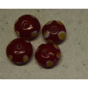 Glasperle, rd knap m/gul hvide pletter, hndl