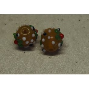 Glasperle, brun cylinder m/bl farver mnster, hnd