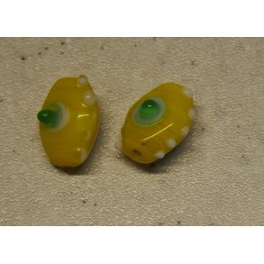 Glasperle, gul cylinder m/bl farver mnster, hndl