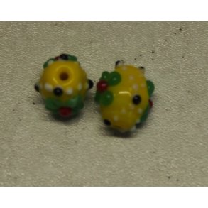 Glasperle, gul cylinder m/bl farver mnster, hndl