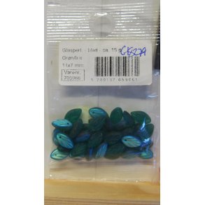 Glasperler, blad, 11x7mm, grn iris, ca 15g