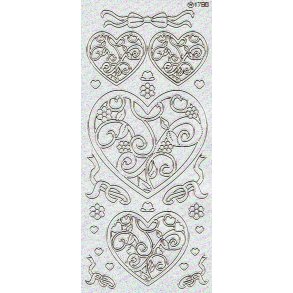Stickers - Glitter s�lv m/guldkant, Pynt - hjerter