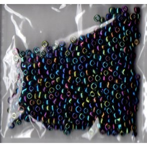 Glasperler, Rocailles 2,5mm, ca. 20g, bl olie/regnbue metallic