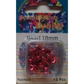 Eyelet, hjerte, 10mm, 15 stk, fuchsia