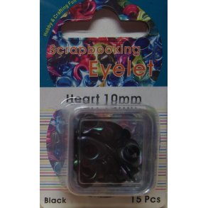 Eyelet, hjerte, 10mm, 15 stk, sort