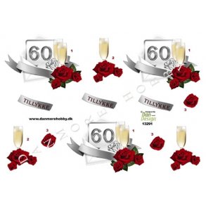 3D ark - Fdselsdage, 60 rs dag, glas og rde roser, tal