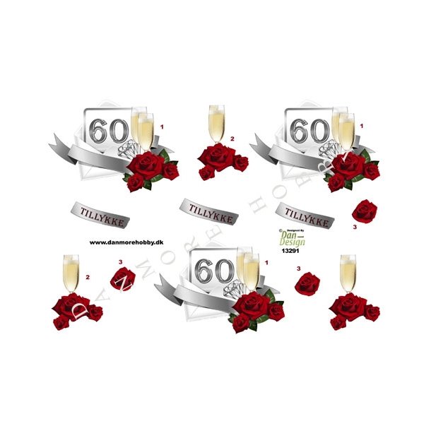 3D ark - Fdselsdage, 60 rs dag, glas og rde roser, tal