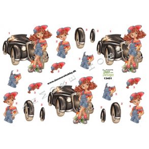 3D ark - Job, mekaniker, gammel bil, pige