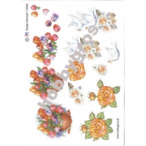 3D ark - Blomster i kurv og duer