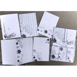 Kort A6, ca. 10,5x15cm, m/smukke lyse blomster p hvid baggrund, 5 design, 15 kort