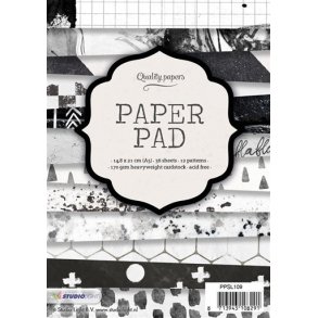 Papirblok i karton, sort/hvide mnstre, 12 design, A5-str., 36 ark i alt