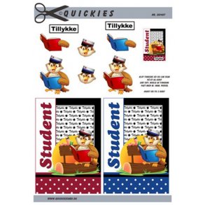 3D klippeark - Student, r�d & bl� ugle og bogorm