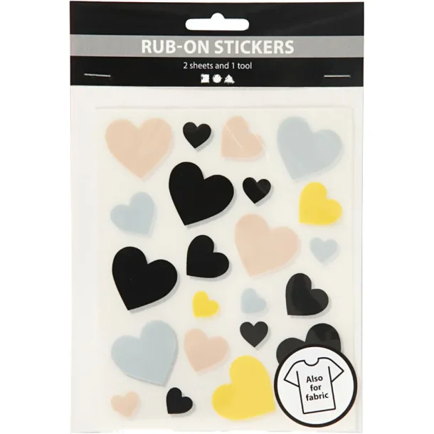 Rub-on stickers til tekstiler &amp; papir, Hjerter, 2 ark